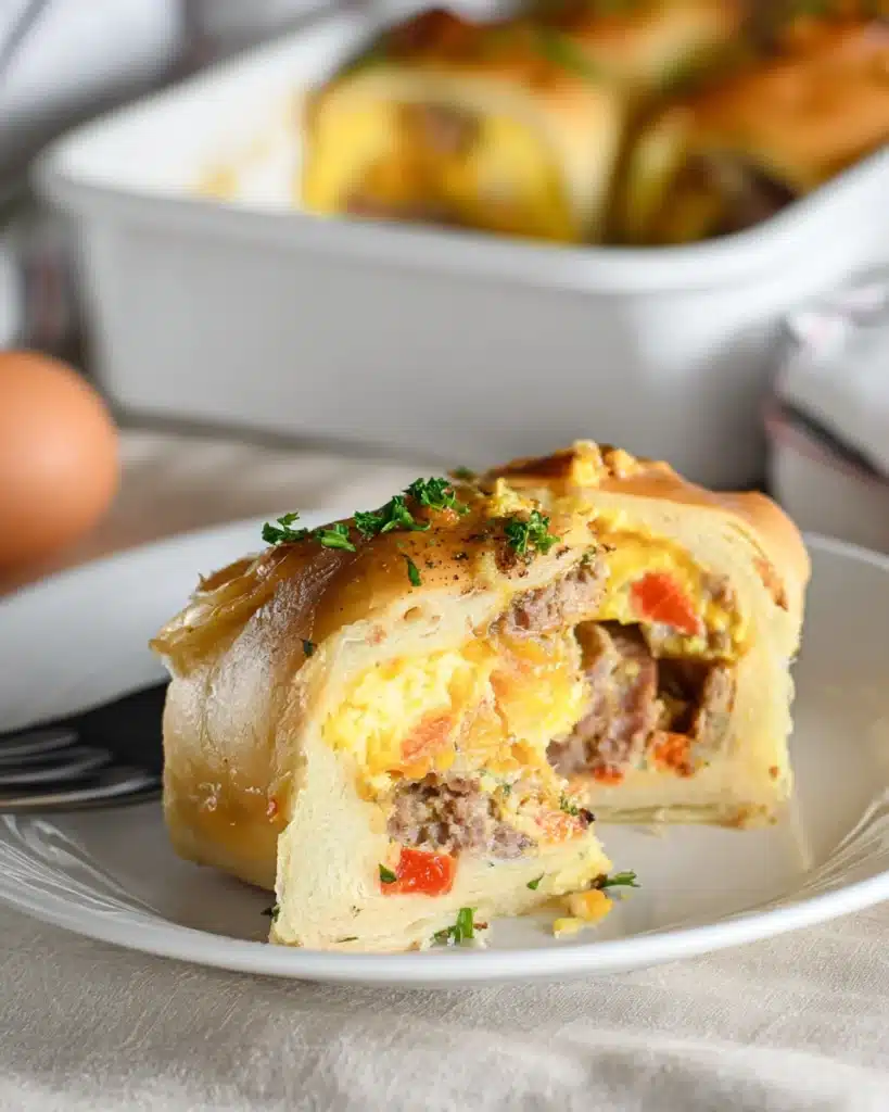 Sliced breakfast roll with eggs, sausage, and cheese filling