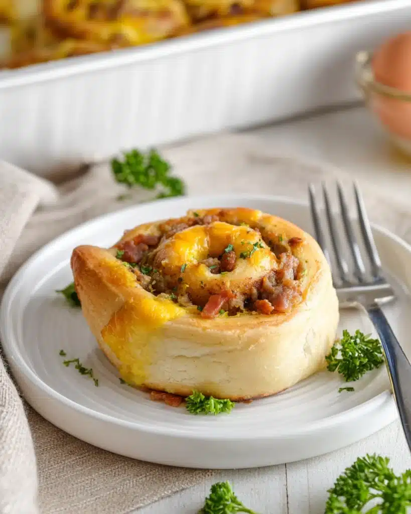 Cheesy breakfast roll with sausage and eggs on a white plate