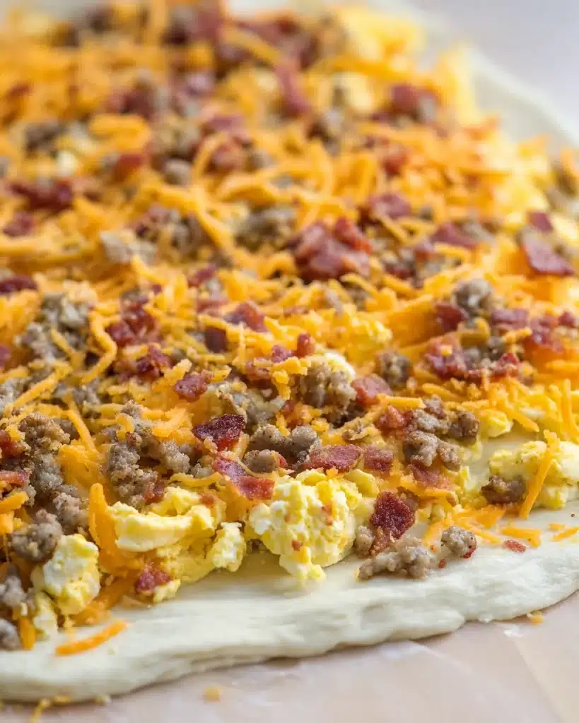 Breakfast roll dough layered with eggs, sausage, bacon, and cheese