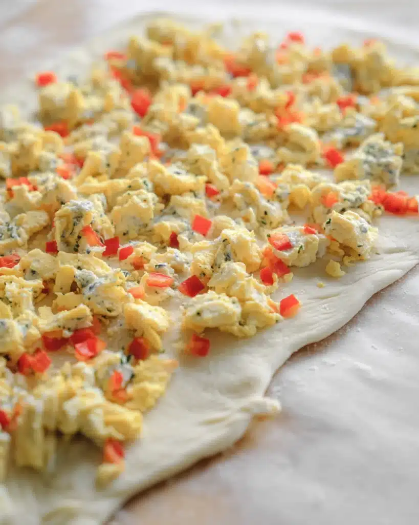Scrambled eggs and peppers on cream cheese spread for breakfast rolls