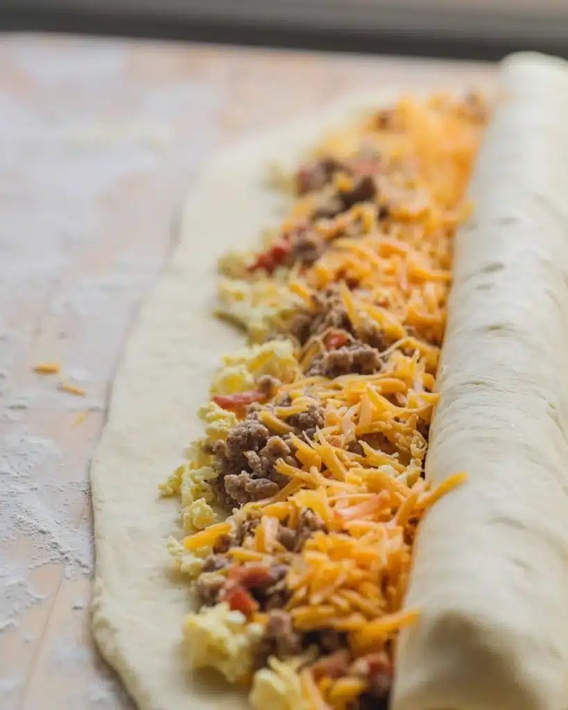 Breakfast roll dough filled with eggs, sausage, and cheese being rolled