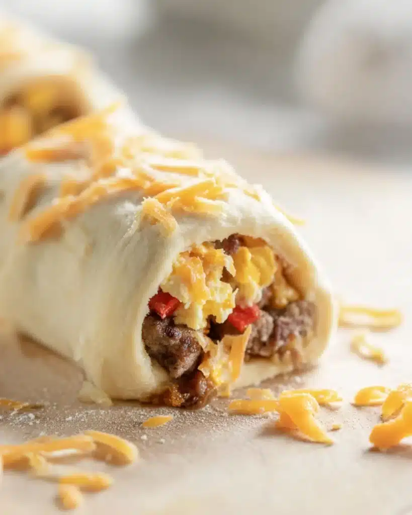 Unbaked breakfast roll log filled with eggs, sausage, and cheese