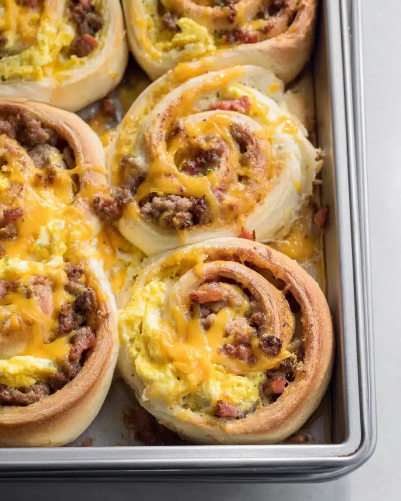 Freshly baked breakfast rolls with eggs, sausage, and cheese in a pan