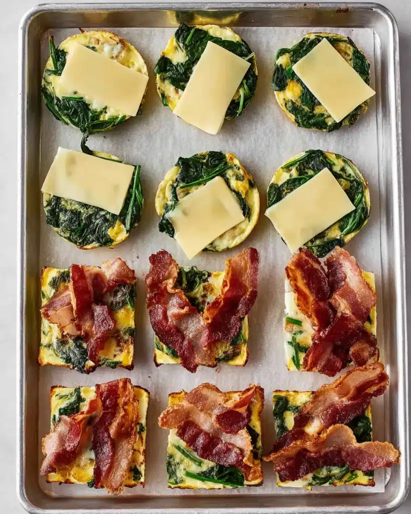 Breakfast Sandwiches: Easy, Freezer-Friendly Morning Meal 6 open-faced breakfast sandwiches with egg spinach bacon and cheese on baking sheet