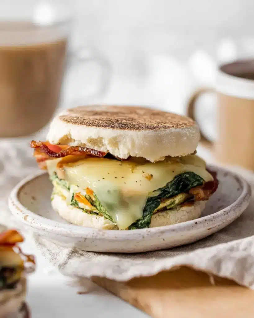 Breakfast Sandwiches: Easy, Freezer-Friendly Morning Meal 1 breakfast sandwich with egg spinach bacon and melted cheese on English muffin