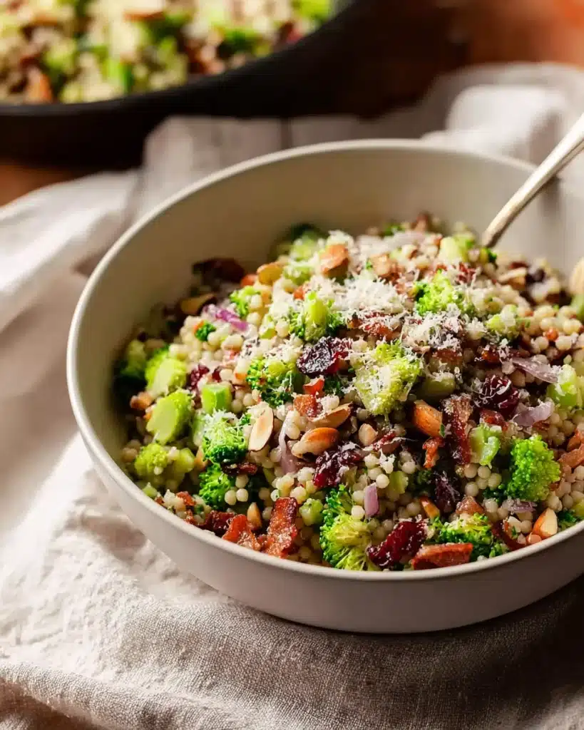 Broccoli Pearl Crunch Salad 1 Broccoli pearl couscous salad with almonds, cranberries, and cheese in a white bowl