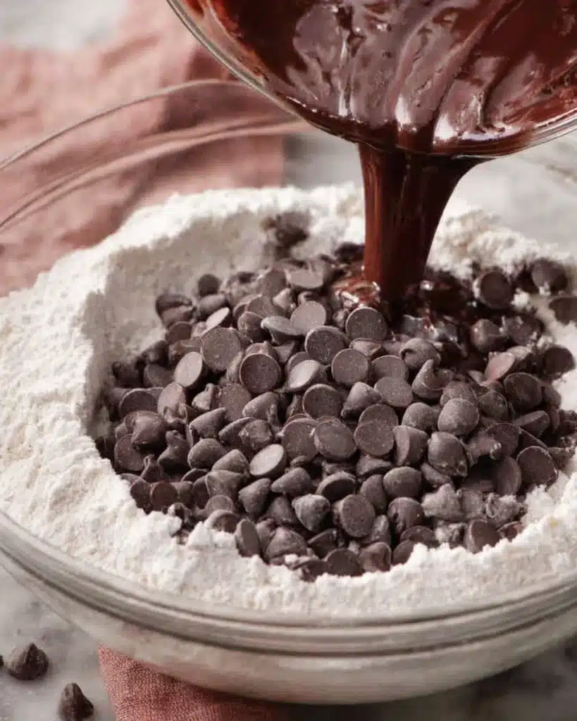 Pouring chocolate chips into brownie batter with flour