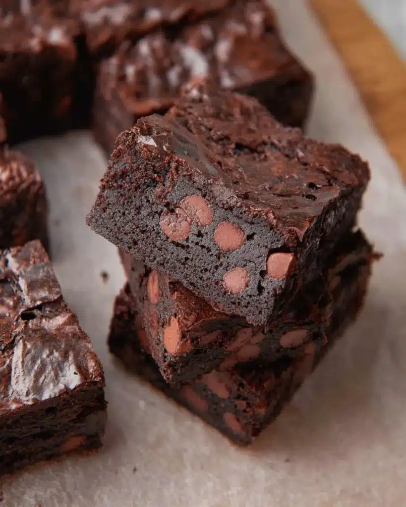 Fudgy chocolate brownies with crackly tops and melty chips