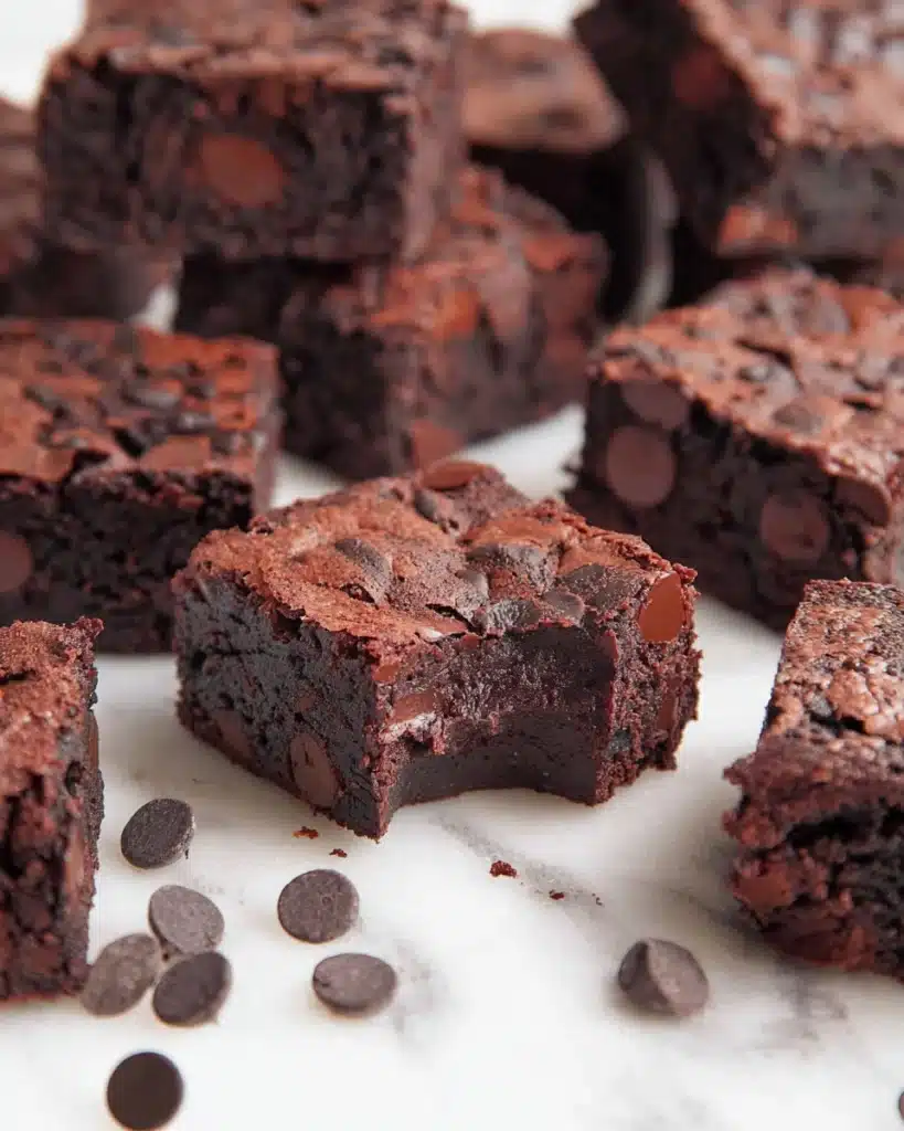 Stacked fudgy brownies with glossy tops and chocolate chips