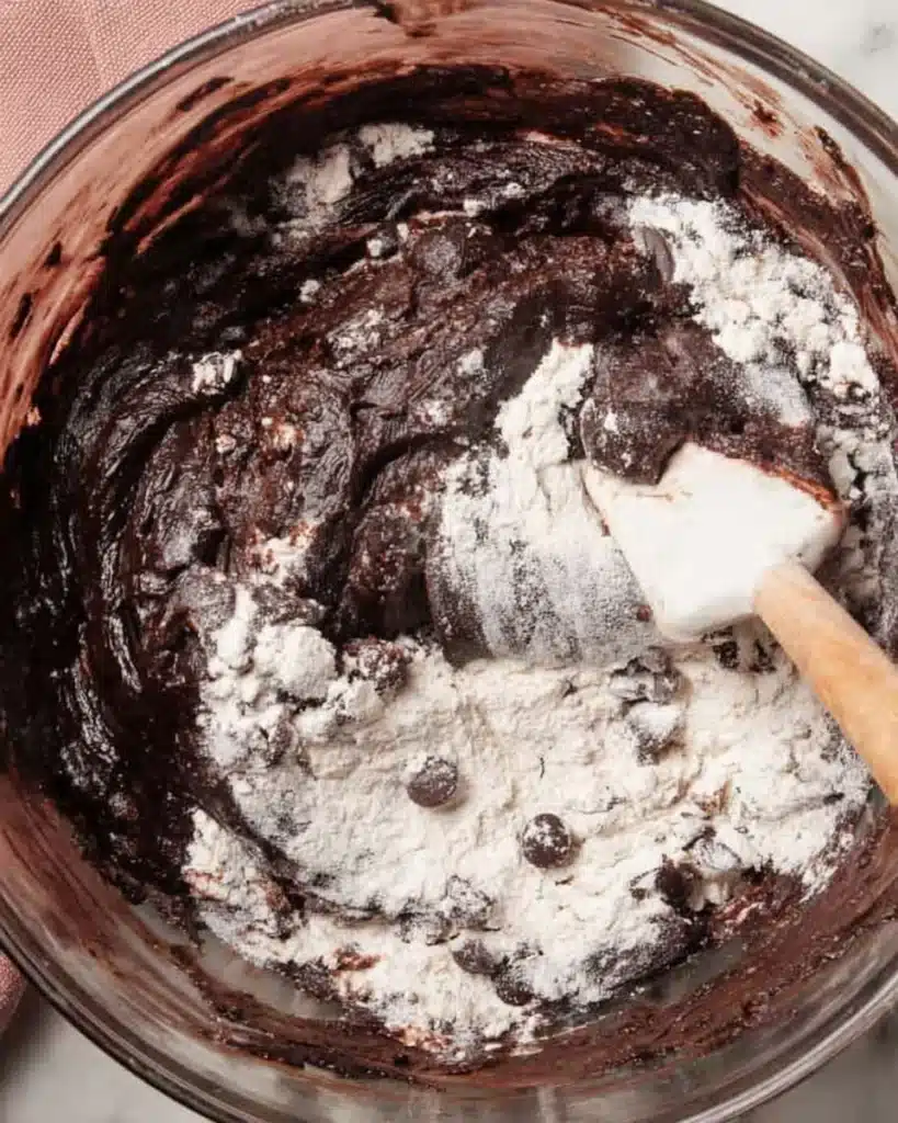 Folding flour into chocolate brownie batter with spatula
