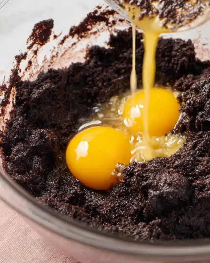 Pouring eggs into chocolate batter for brownie recipe