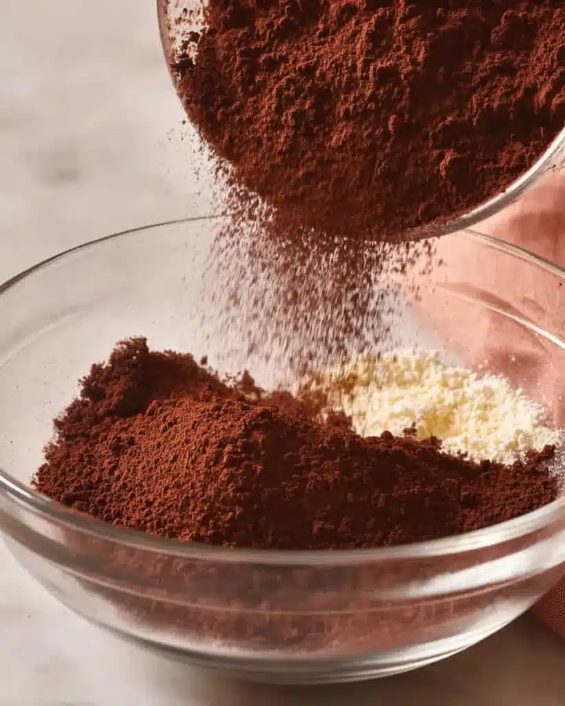 Pouring cocoa powder into mixing bowl for brownie recipe