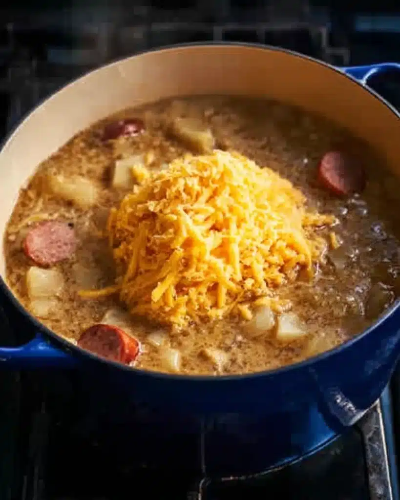 Cajun Potato Soup 6 Cheddar cheese melting into Cajun potato soup with sausage and potatoes