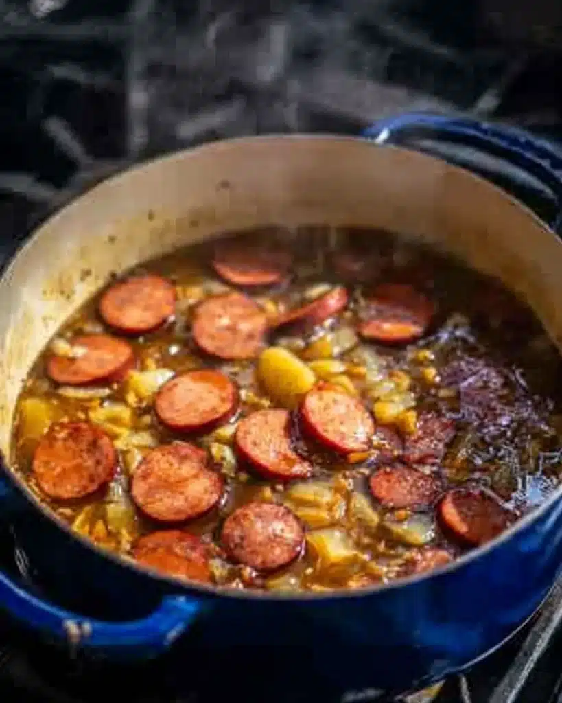 Cajun Potato Soup 4 Andouille sausage simmering in Cajun potato soup broth