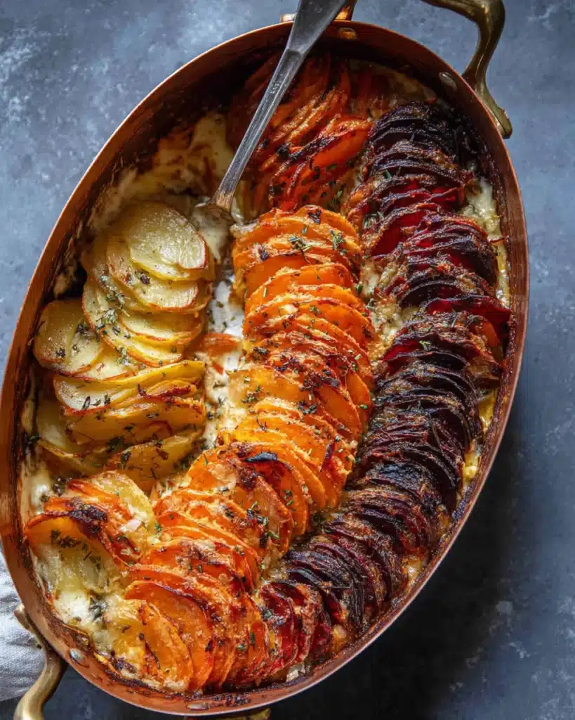 Cheesy Root Vegetable Gratin 3 Baked cheesy root vegetable gratin with crispy golden layers and creamy sauce