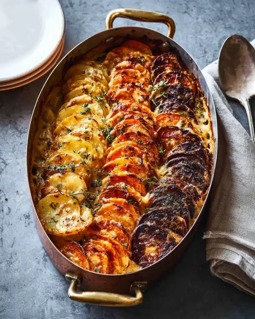 Cheesy Root Vegetable Gratin 1 Sliced colorful root vegetables for cheesy root vegetable gratin on a baking sheet