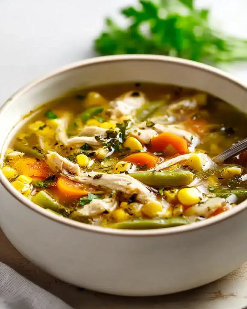 Chicken Vegetable Soup 1 Homemade chicken vegetable soup with carrots, corn, and green beans in a rustic ceramic bowl