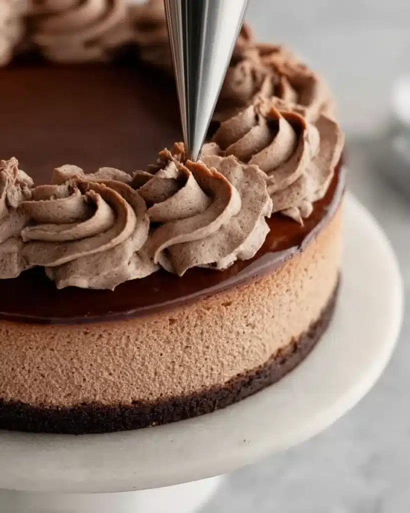 Piping chocolate whipped cream swirls on chocolate cheesecake