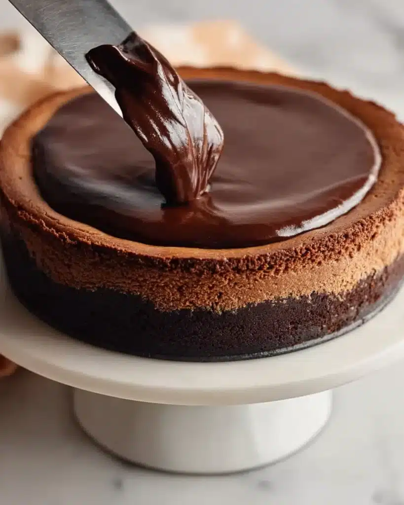 Spreading glossy chocolate ganache over baked cheesecake