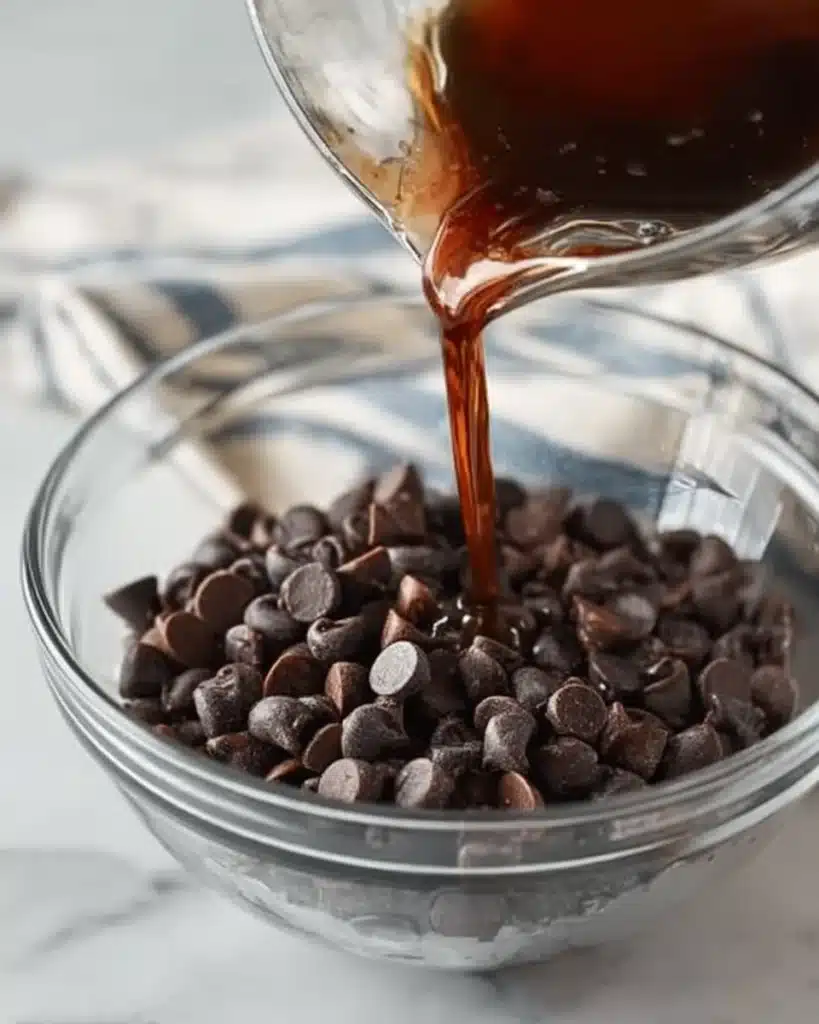 Pouring hot coffee over chocolate chips for cheesecake batter