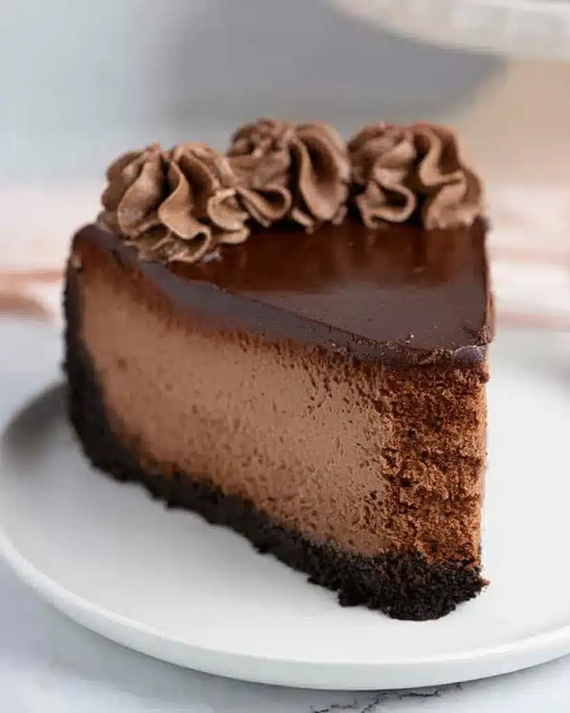 Slice of rich chocolate cheesecake with ganache and whipped cream