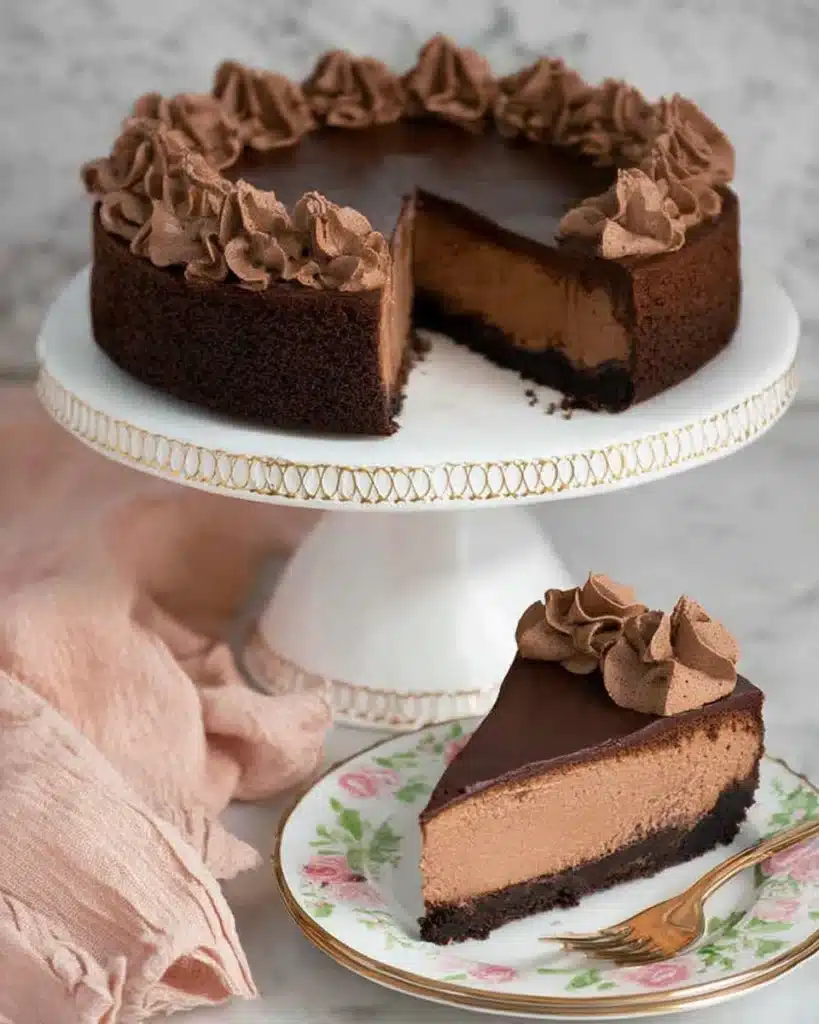Rich chocolate cheesecake with glossy ganache and whipped cream on cake stand