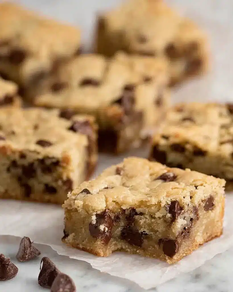 Chocolate Chip Cookie Bars – Soft, Chewy, and Totally Irresistible 1 Chewy golden chocolate chip cookie bars on parchment paper