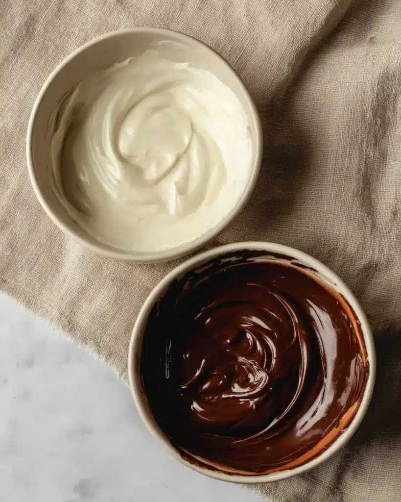 Bowls of melted white and dark chocolate for dipping Oreos
