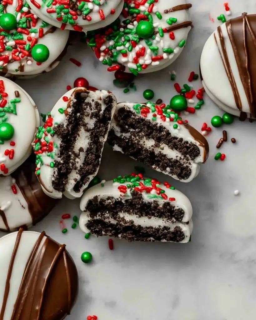 Inside view of chocolate covered Oreos with festive sprinkles