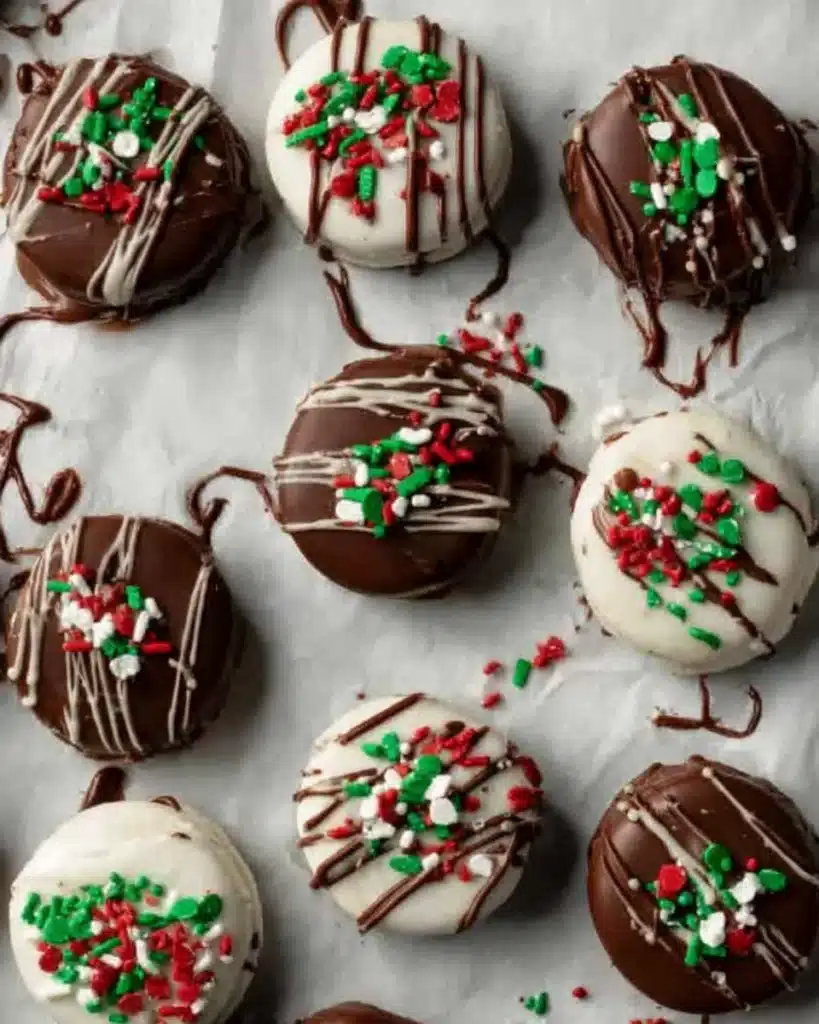 Holiday chocolate covered Oreos with festive red and green sprinkles