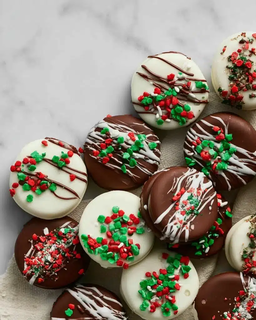 Holiday chocolate covered Oreos with festive red and green sprinkles