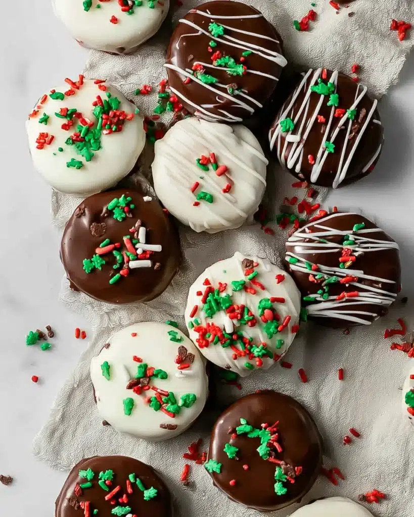 Festive chocolate covered Oreos with holiday sprinkles and white drizzle