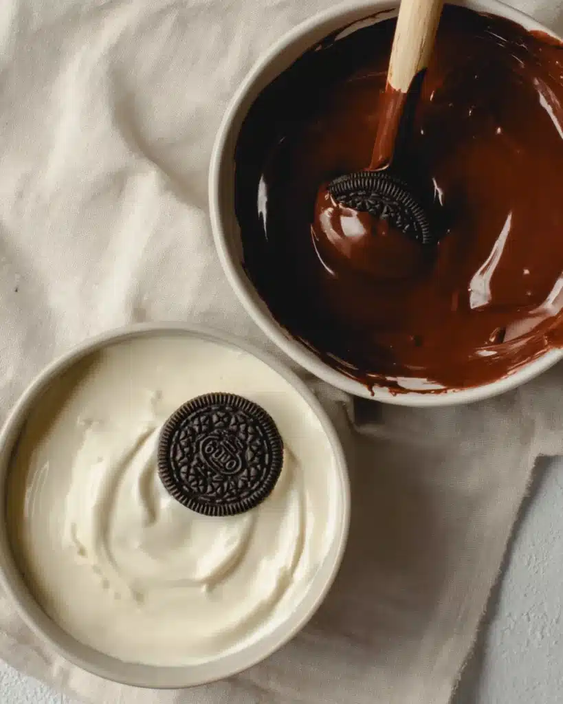 Oreo cookie being dipped in melted dark chocolate for coating