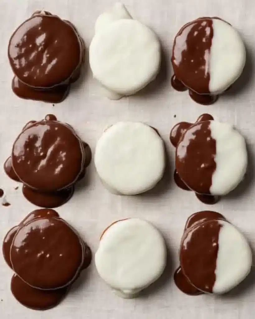 Freshly dipped Oreos coated in white and dark chocolate