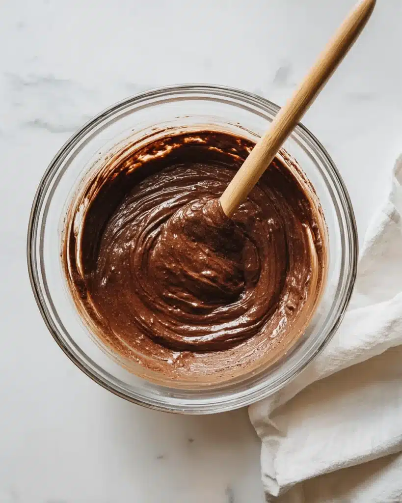 Chocolate brownie batter in glass bowl with wooden spatula