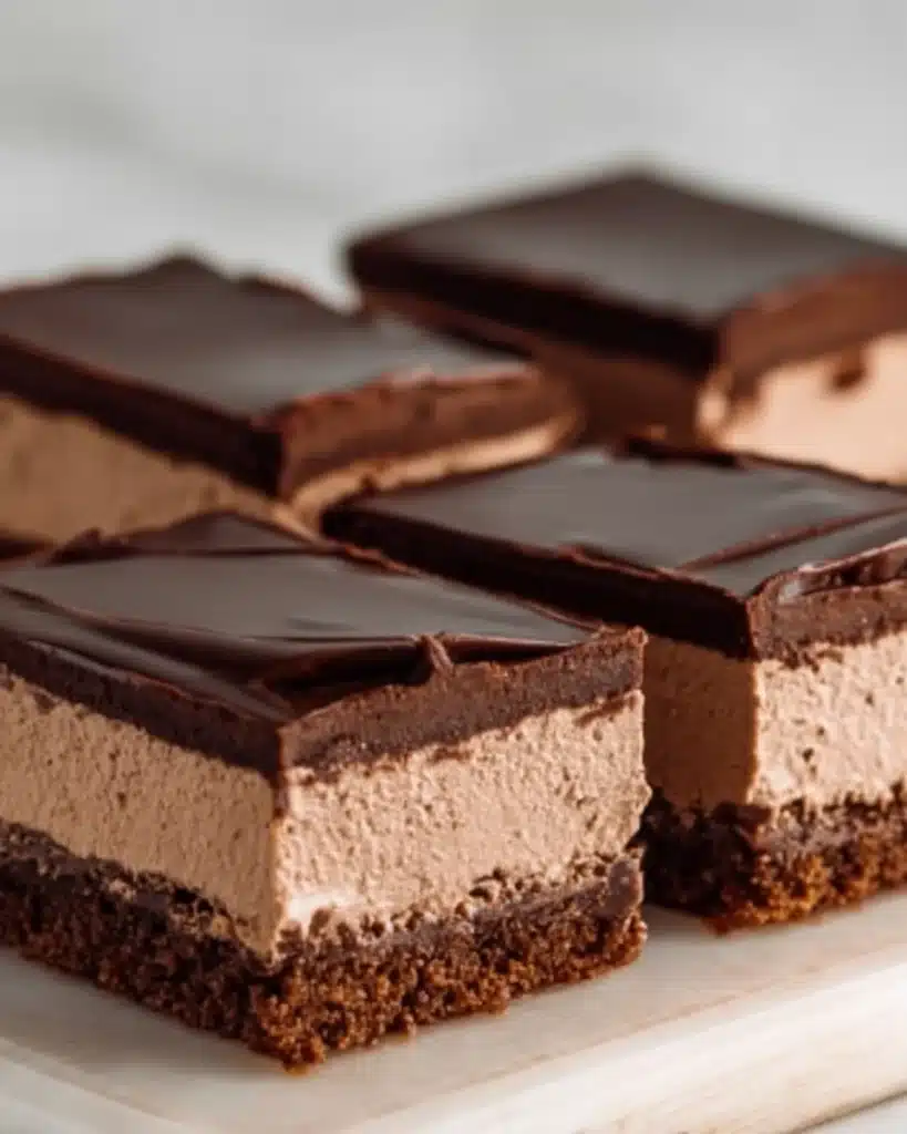 Chocolate mousse brownie bars with ganache topping on light surface