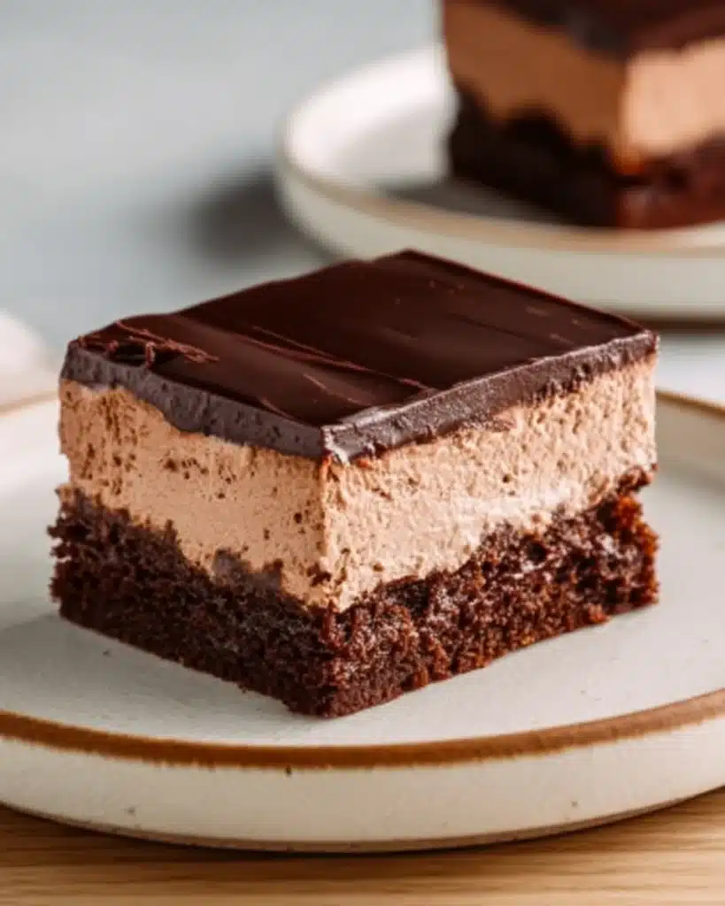 Chocolate Mousse Brownies slice with ganache topping on ceramic plate