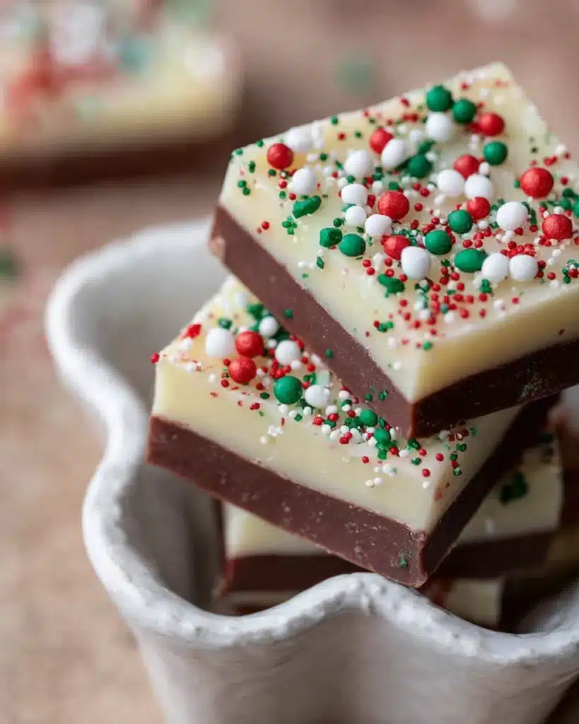 Christmas fudge squares stacked in a white dish with festive sprinkles