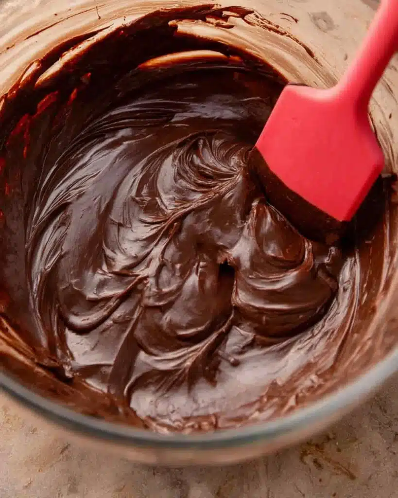 Melted semi-sweet chocolate fudge being stirred with a red spatula