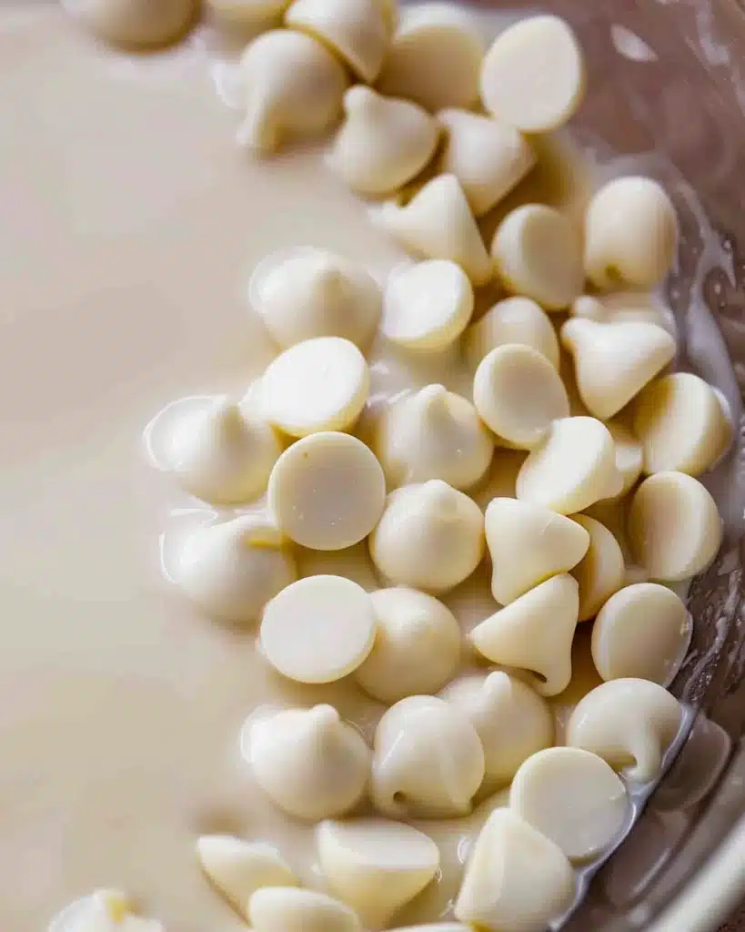 White chocolate chips with condensed milk in a bowl before melting