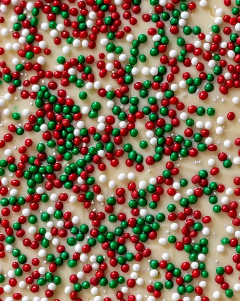 Close-up of Christmas fudge topped with red, green, and white sprinkles