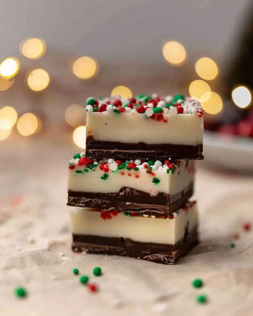 Stacked Christmas fudge squares with white chocolate and festive sprinkles