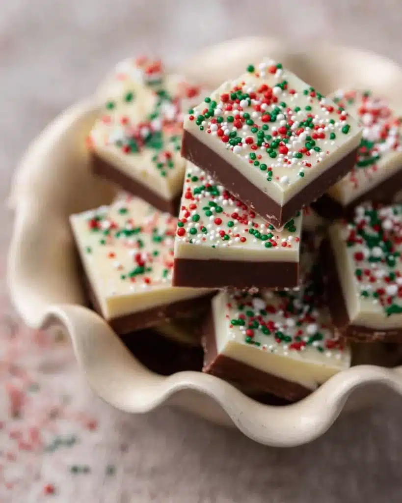 Christmas Fudge Recipe squares with white chocolate and festive sprinkles in a ceramic dish