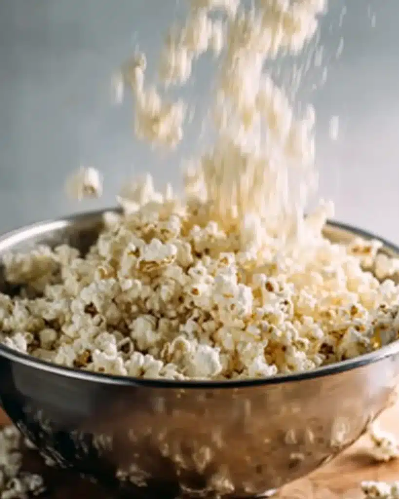 Freshly popped popcorn in a metal bowl for Christmas Popcorn Candy