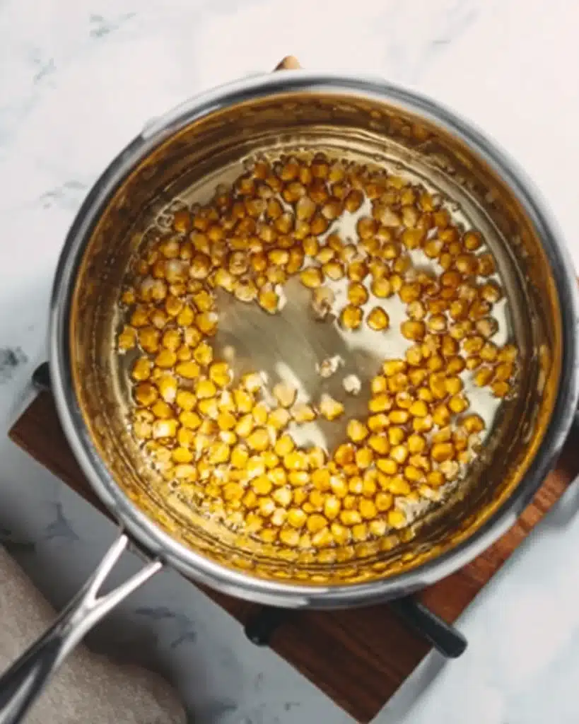 Heating popcorn kernels in oil for Christmas Popcorn Candy