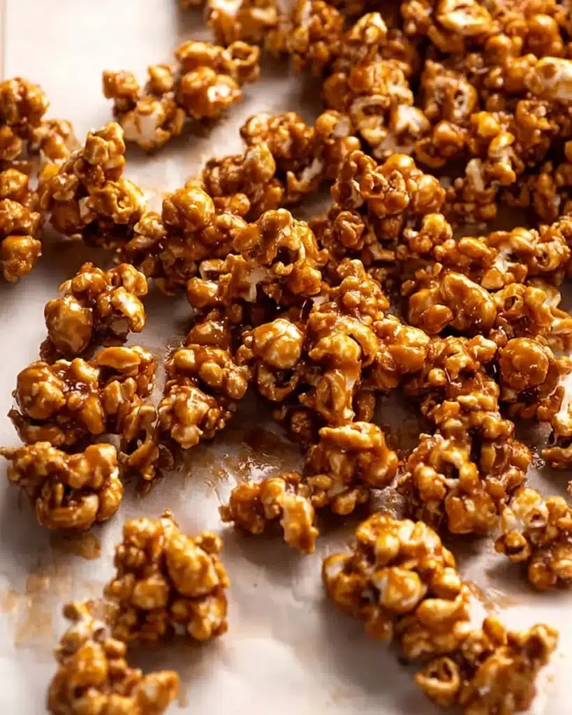 Cooled caramel popcorn clusters for Christmas Popcorn Candy