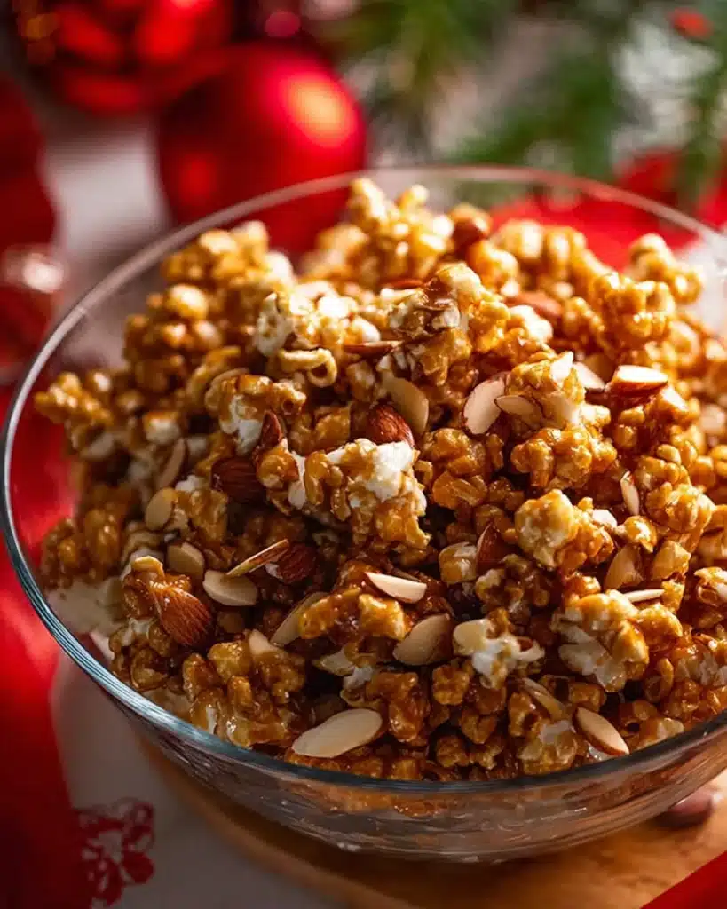 Christmas Popcorn Candy with Caramel and Almonds