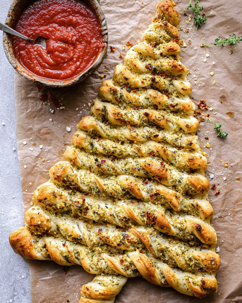 Christmas tree garlic bread with herbs and marinara dipping sauce