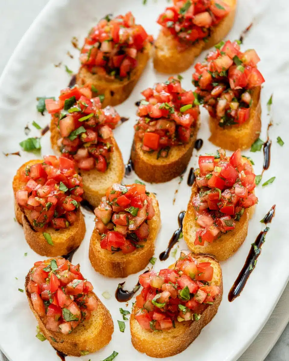 Classic Bruschetta with Tomatoes and Basil Classic bruschetta with tomatoes, basil, and balsamic glaze on crispy baguette slices