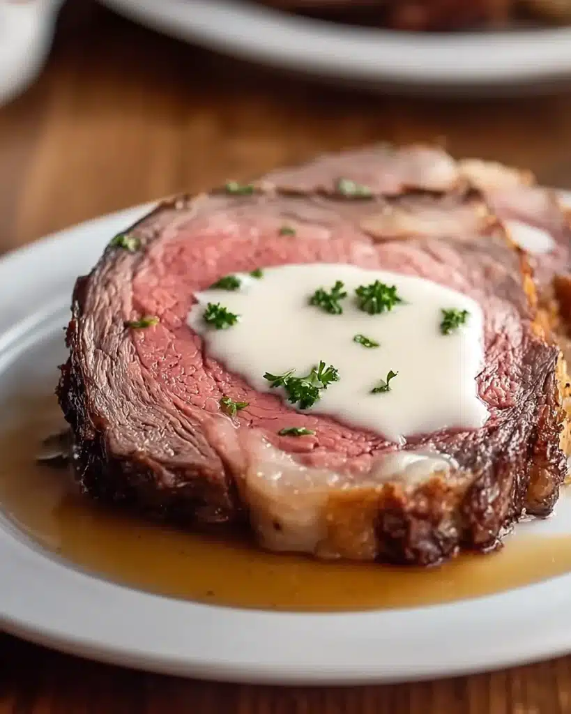 Classic Christmas Prime Rib 3 Medium-rare classic Christmas prime rib topped with creamy horseradish sauce